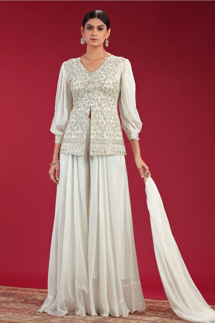 Half White Zari, Sequins and Thread work Palazzo Salwar Suit - Seasons Chennai
