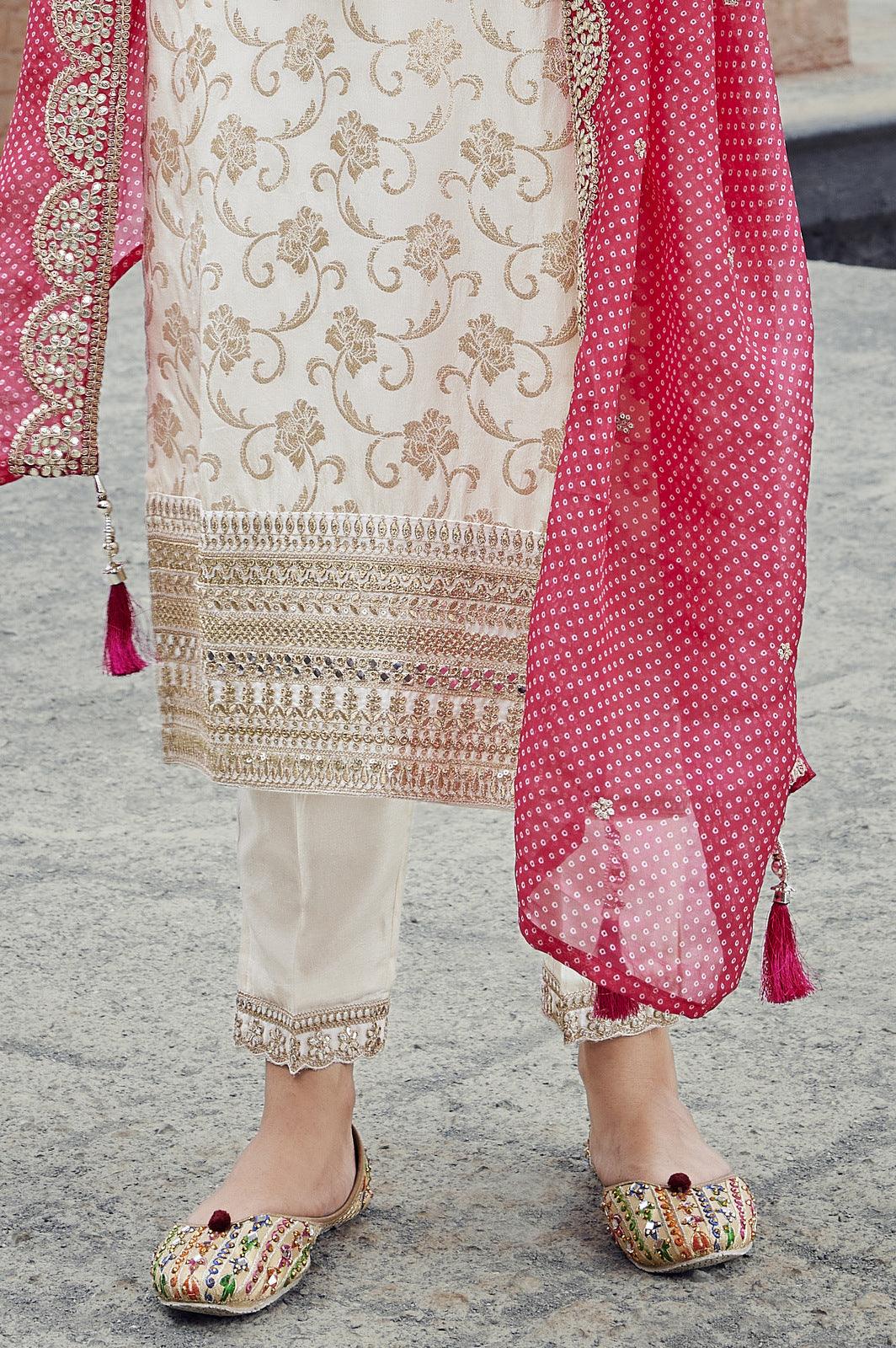 Cream Banaras, Zari and Sequins work Straight Cut Salwar Suit - Seasons Chennai