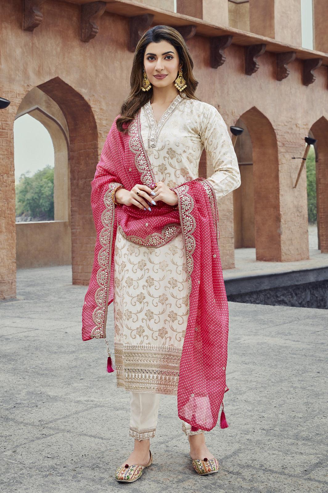 Cream Banaras, Zari and Sequins work Straight Cut Salwar Suit - Seasons Chennai