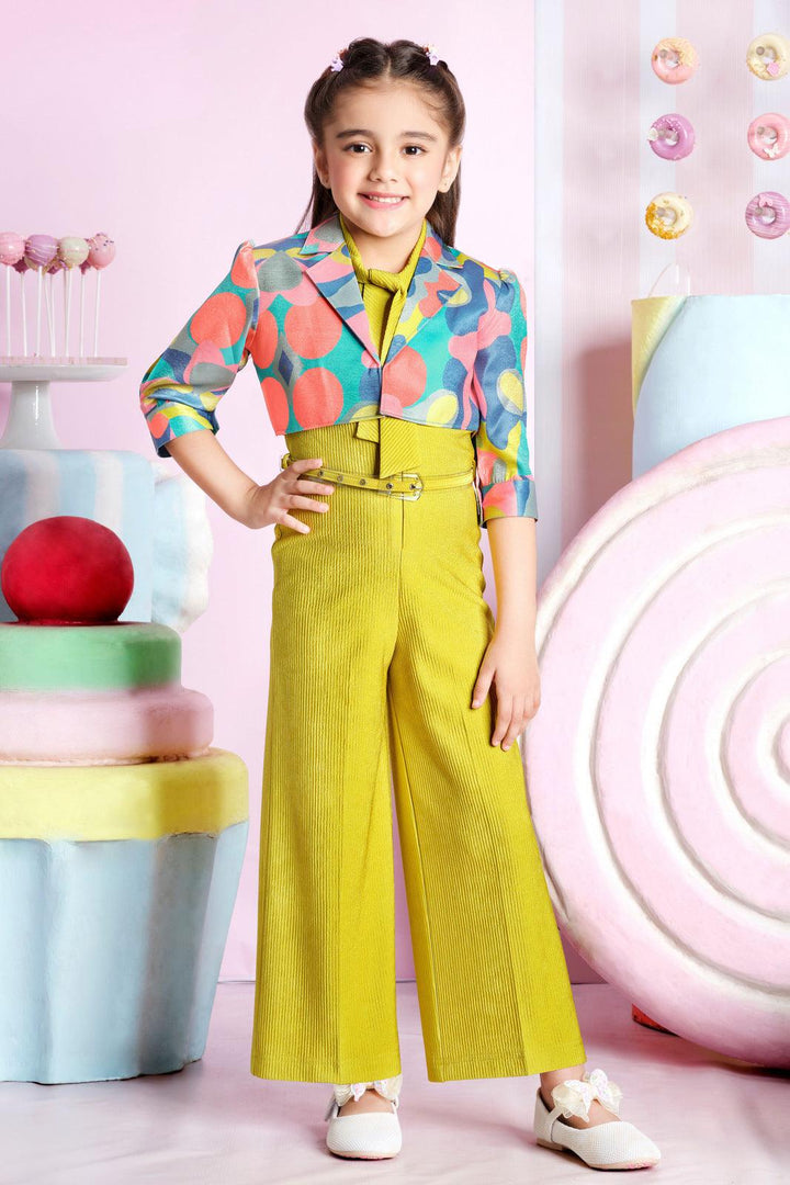 Neon Yellow Multicolor Printed Jacket Styled Jumpsuit for Girls - Seasons Chennai
