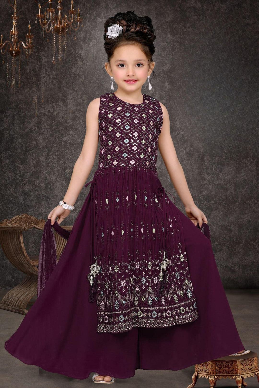 Wine Multicolor Embroidery and Sequins work for Girls Palazzo Suit Set - Seasons Chennai