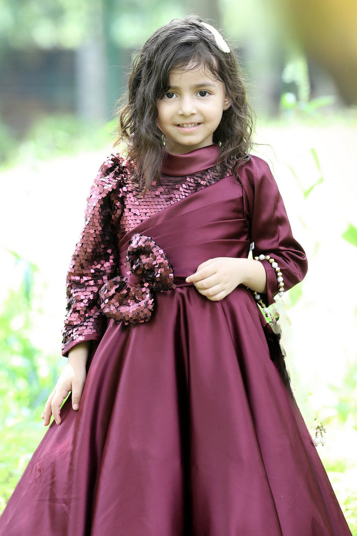 Wine Long Party Frock for Girls