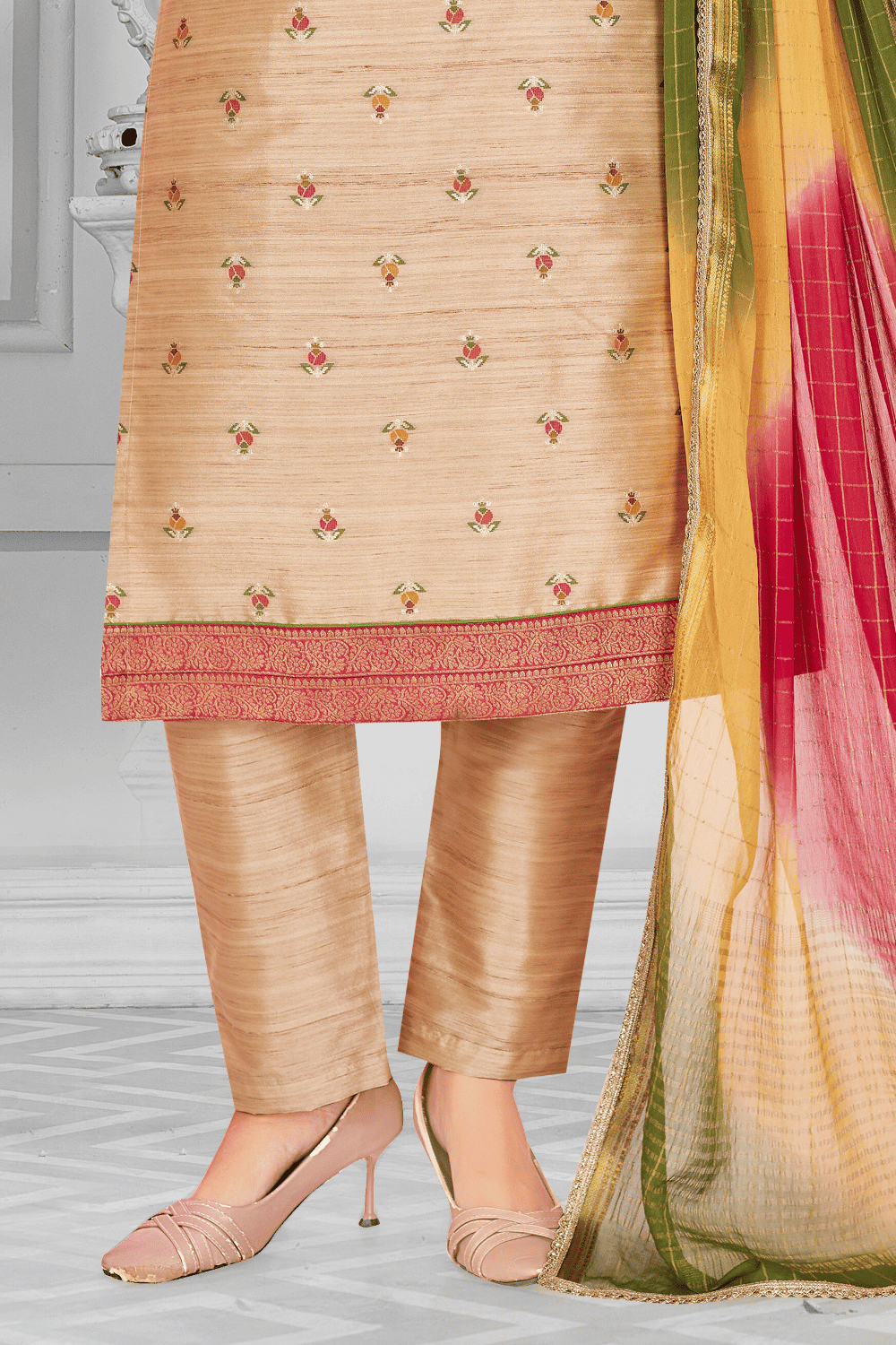 Beige Stone, Banaras, Beads and Thread work Straight Cut Salwar Suit - Seasons Chennai
