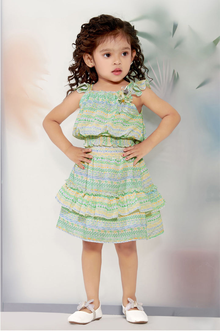 Green with Multicolor Printed Top and Skirt for Girls