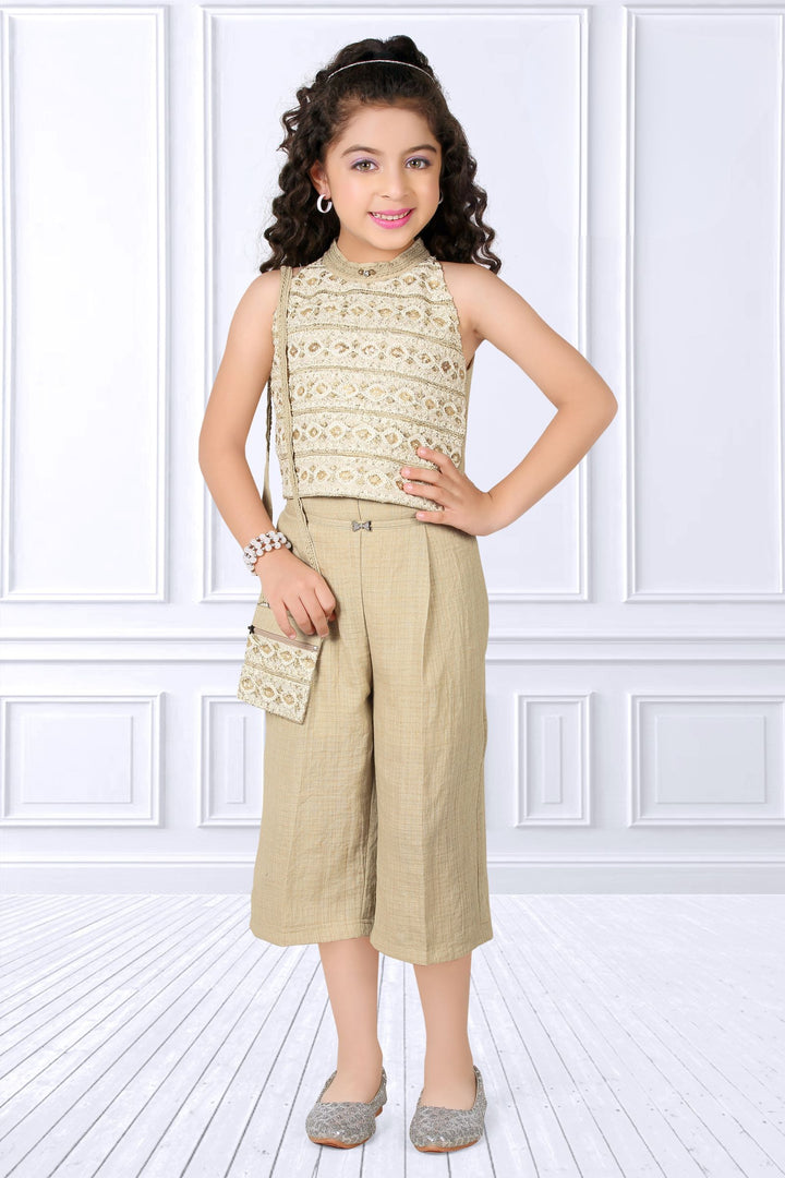 Beige Sequins and Thread work Culottes Set for Girls with Matching Purse