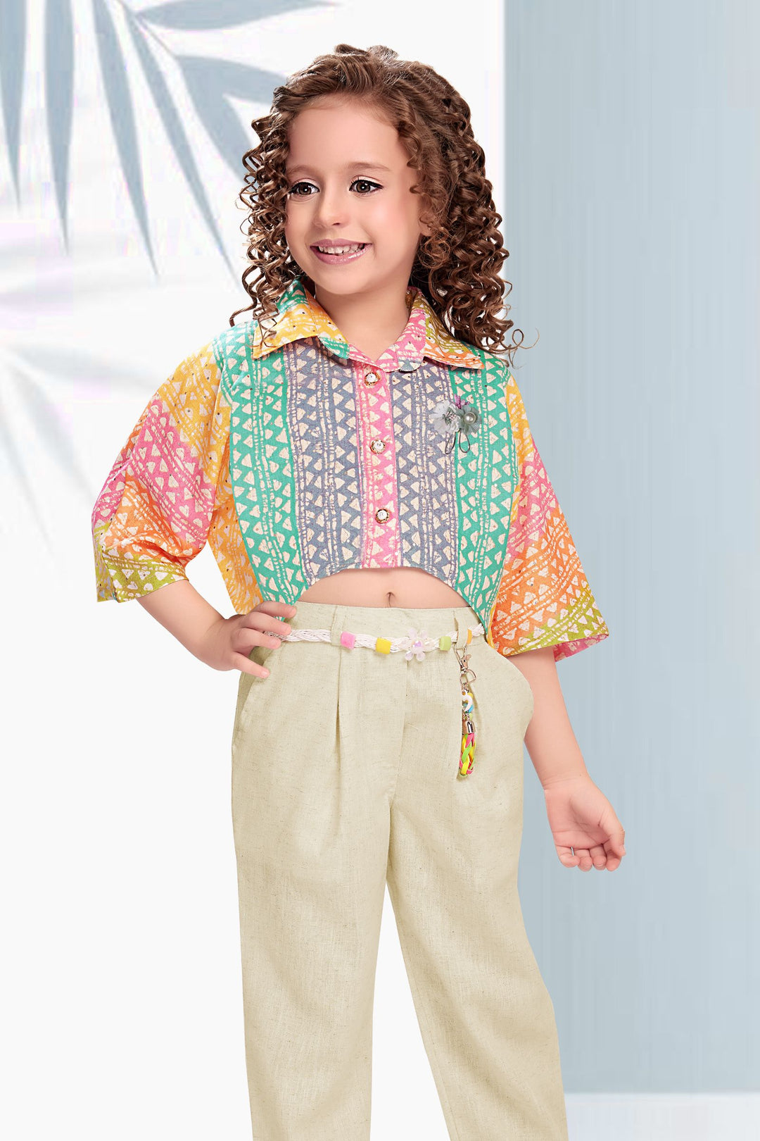 Multicolor Digital Print with Fawn Kaftan Styled Culottes Set for Girls