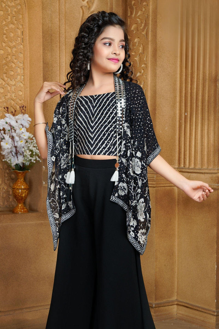 Black Pearl work with Printed Overcoat Styled Sharara Set For Girls - Seasons Chennai