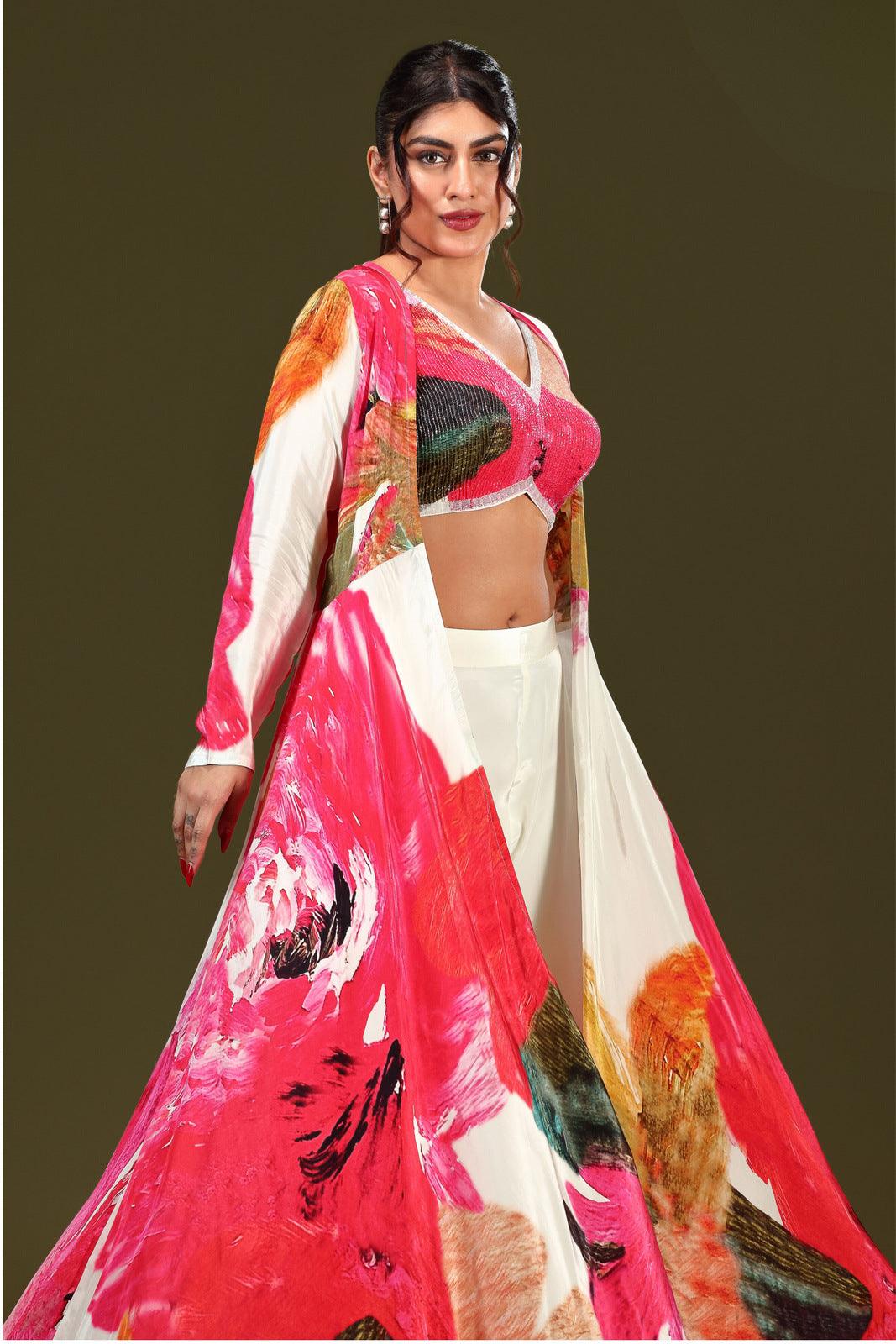 Cream Multicolor Digital Print Long Over Coat Crop Top with Palazzo Indo Western Set - Seasons Chennai