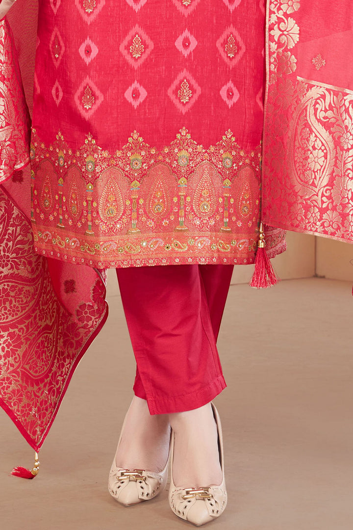 Pink Sequins, Mirror and Banaras work with Digital Print Straight Cut Salwar Suit