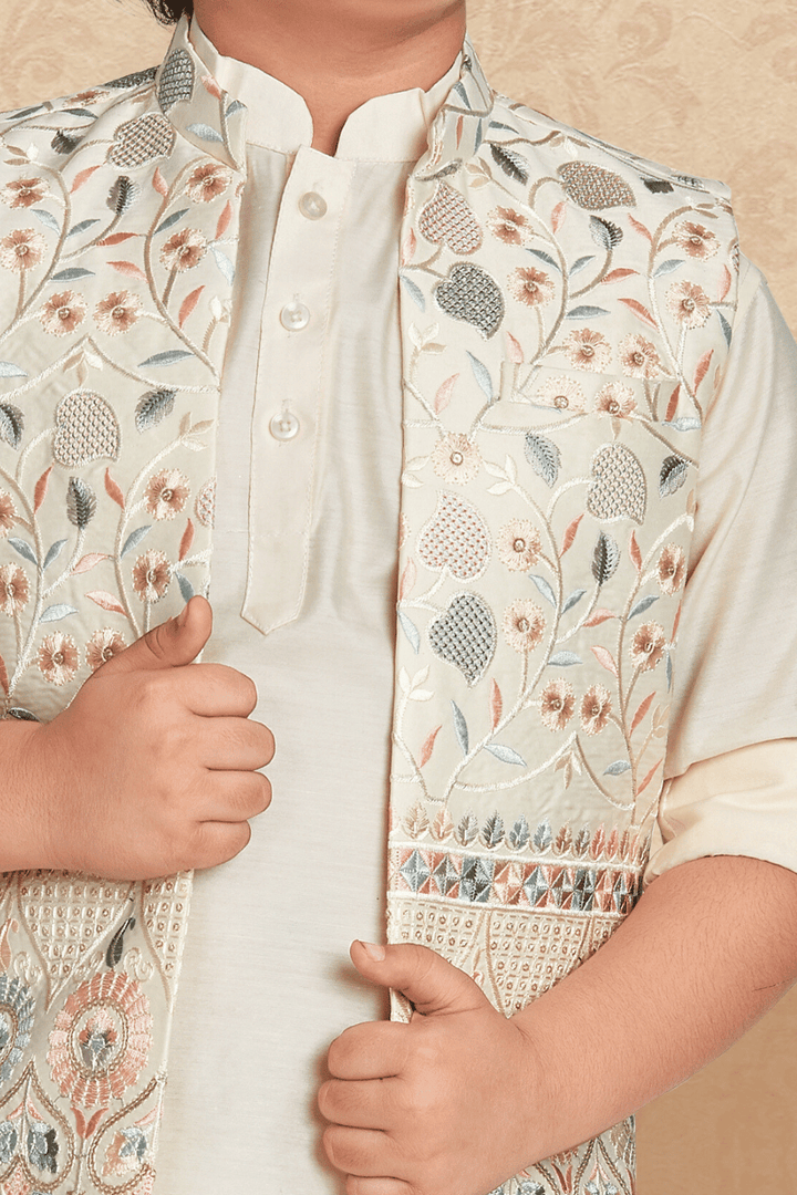 Cream Multicolor Thread and Sequins work Waist Coat Kurta Set for Boys - Seasons Chennai
