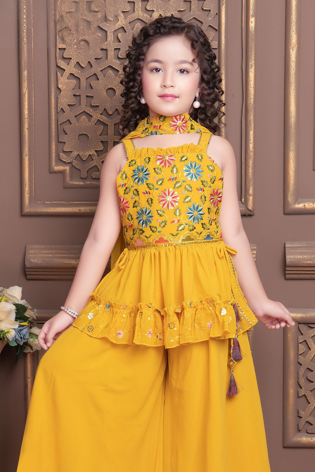 Yellow Embroidery and Sequins work Palazzo Set For Girls
