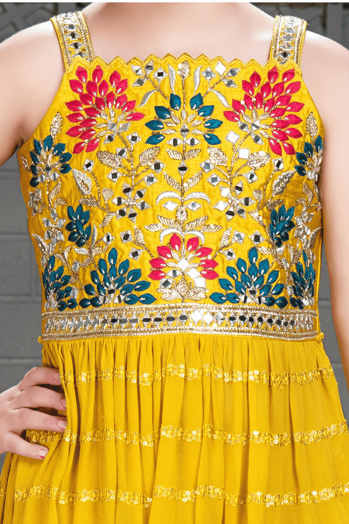 Yellow Thread, Mirror, Zari and Zardozi work Peplum Style Palazzo Suit Set for Girls - Seasons Chennai