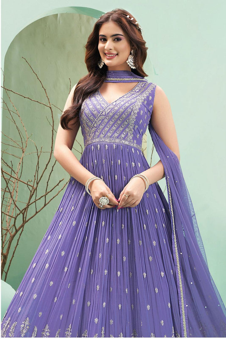 Lavender Sequins, Zari and Thread work Floor Length Anarkali Suit - Seasons Chennai