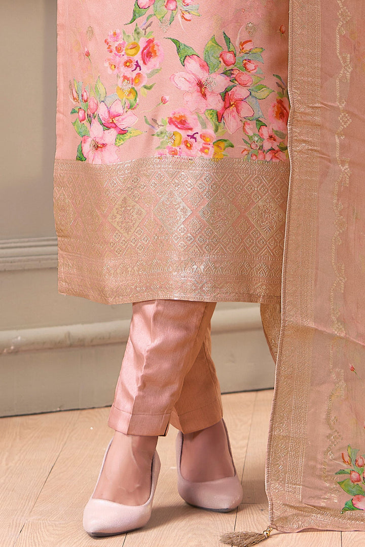Onion Pink Floral Print, Beads and Banaras work Straight Cut Salwar Suit