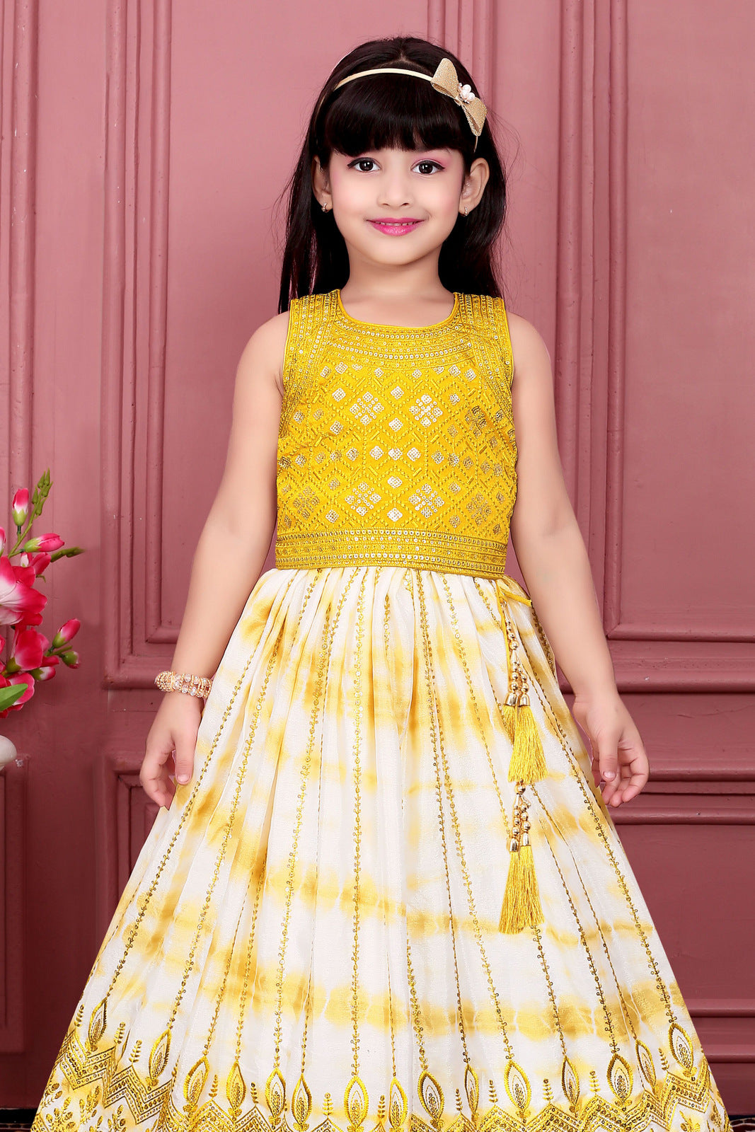 Yellow with Cream Tie and Dye Print, Sequins and Thread work Lehenga Choli for Girls