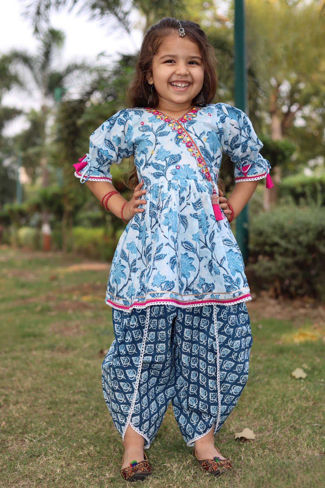 Blue Digital Print, Thread and Zardozi work Dhoti Style Peplum Kurti for Girls