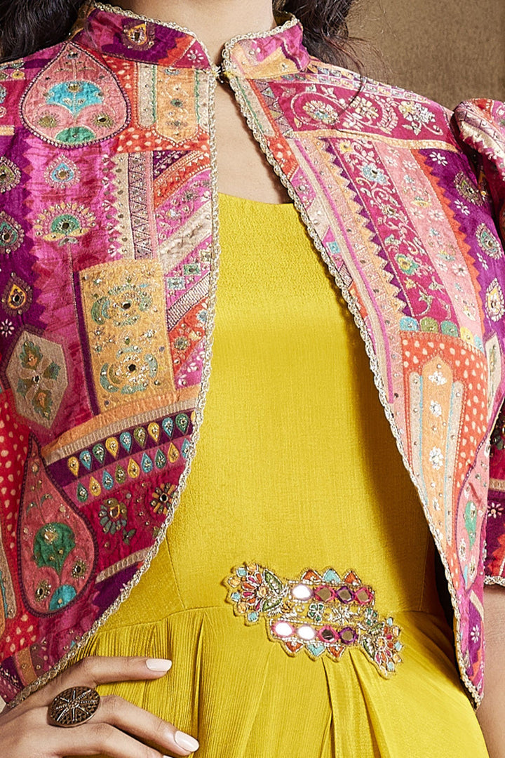 Yellow Mirror, Stone and Multicolor Banaras work Overcoat Styled Floor Length Anarkali Suit