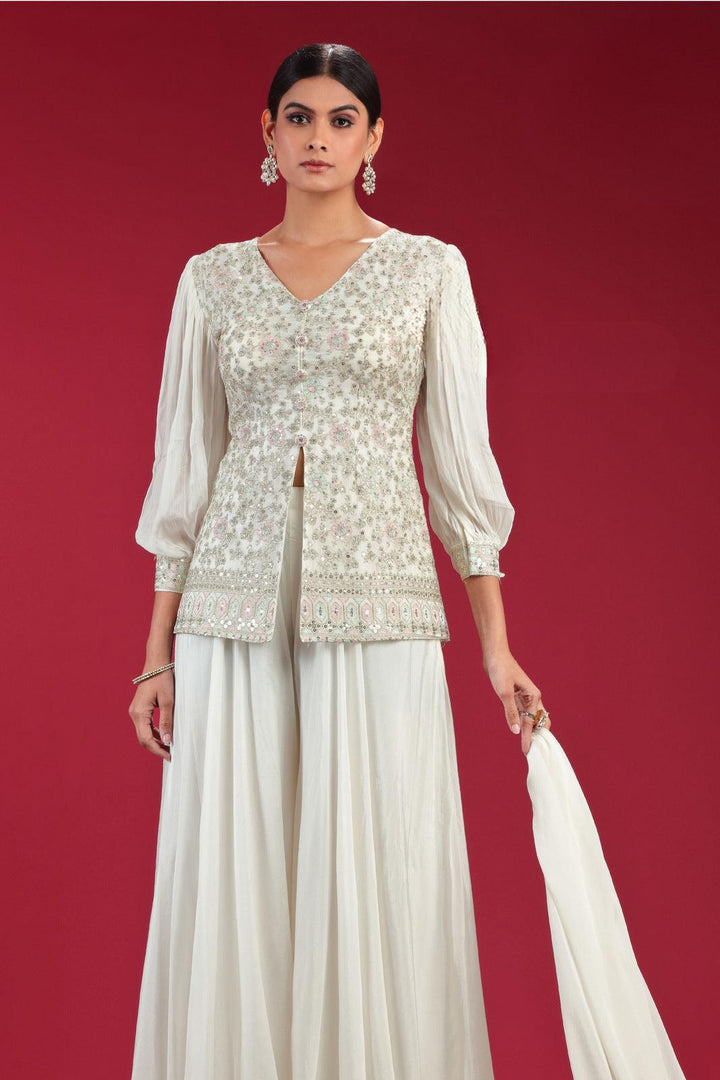 Half White Zari, Sequins and Thread work Palazzo Salwar Suit - Seasons Chennai