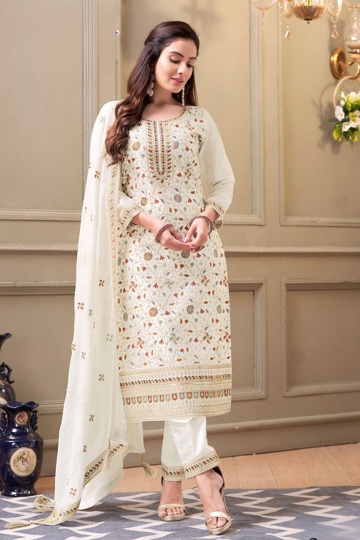 Half White Zari, Sequins and Multicolor Thread work Straight Cut Salwar Suit