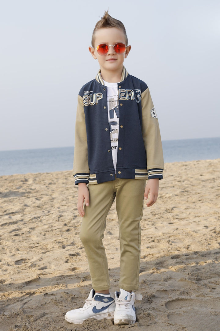 Blue, White and Beige Printed Waist Coat Set for Boys