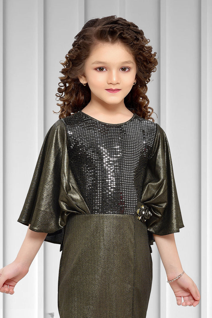 Gold with Black Sequins work Poncho Styled Short Frock for Girls