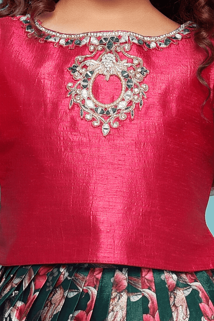 Rani Pink with Green Floral Print, Stone, Mirror, Zari and Zardozi work Lehenga Choli for Girls - Seasons Chennai