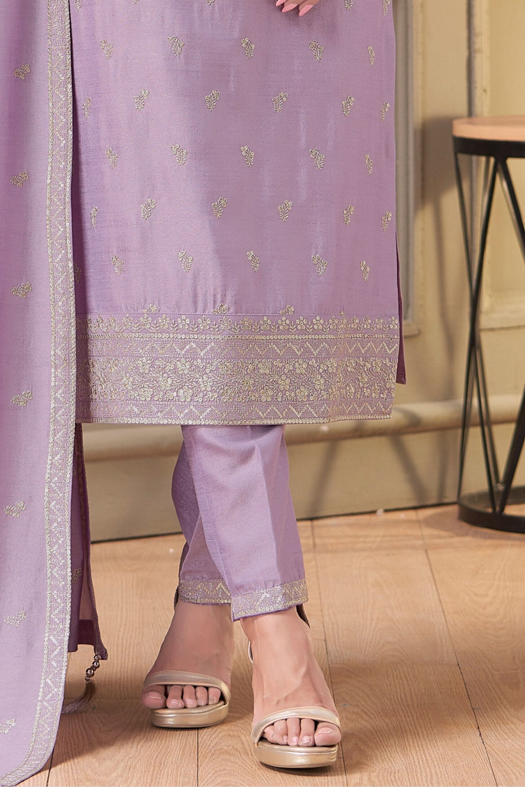 Lavender Zari, Thread and Sequins work Straight Cut Salwar Suit