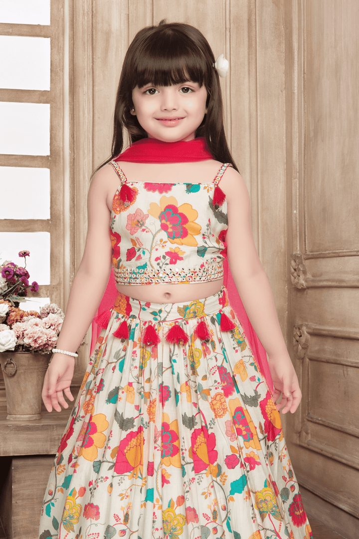 Cream Mirror and Thread work with Floral Print Lehenga Choli for Girls - Seasons Chennai