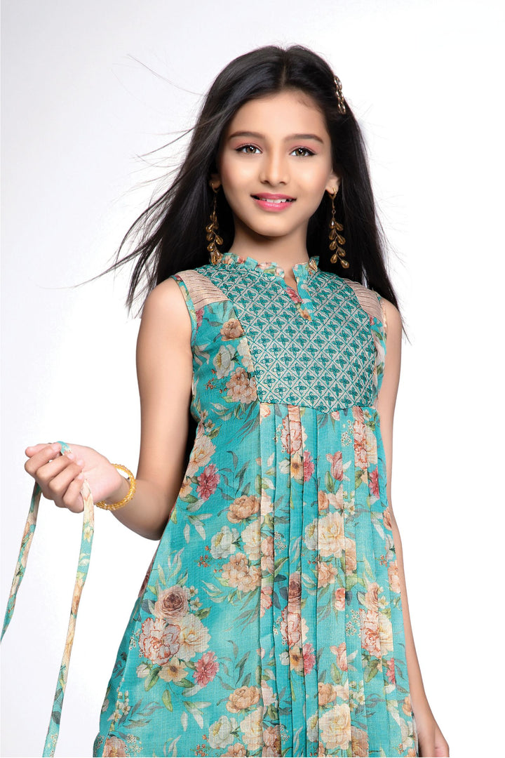 Green Sequins and Thread work with Floral Print Knee Length Casual Frock for Girls