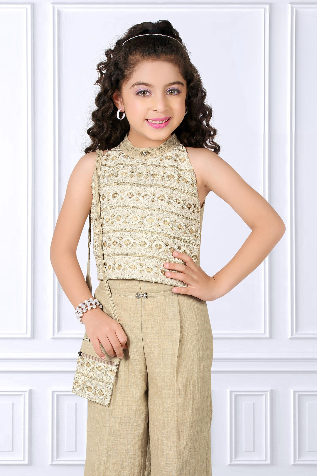 Beige Sequins and Thread work Culottes Set for Girls with Matching Purse
