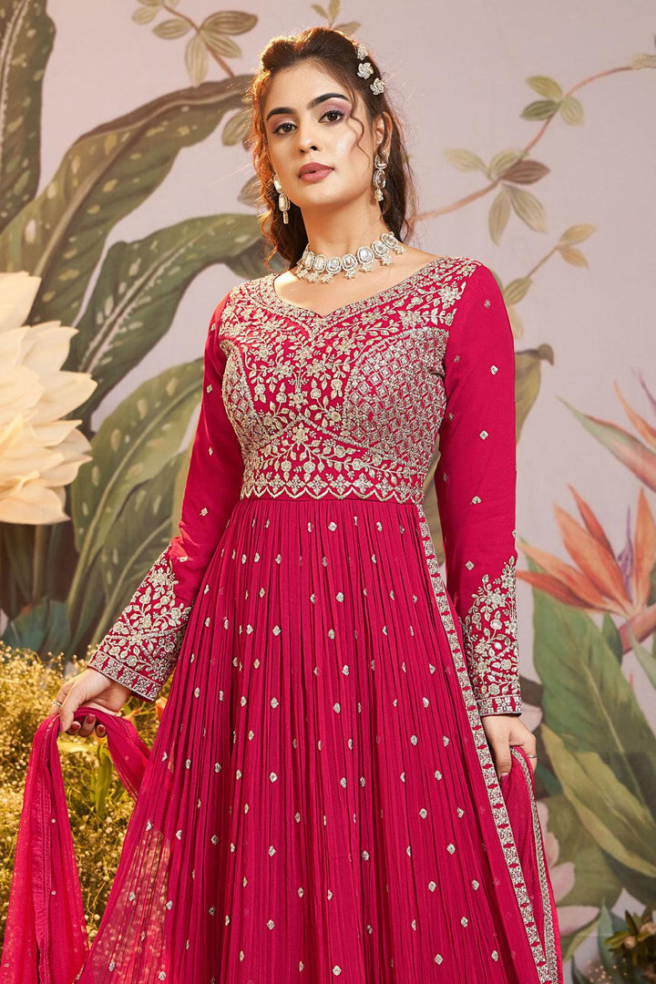 Rani Pink Zari and Sequins work Salwar Suit with Palazzo Pants - Seasons Chennai