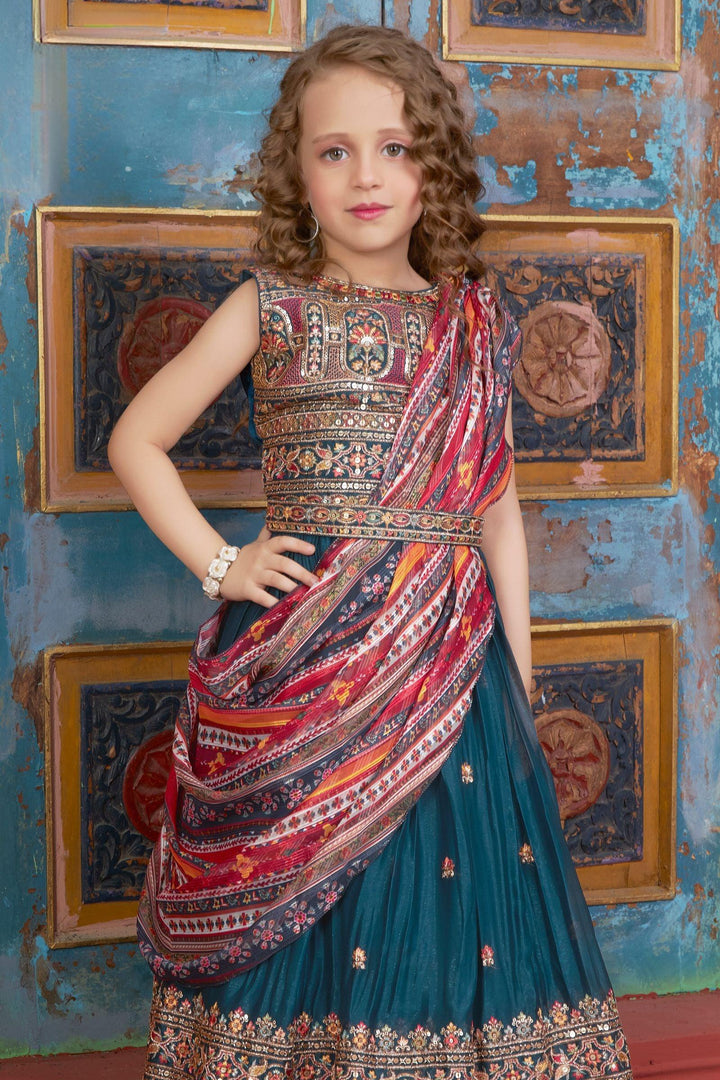 Peacock Blue Sequins, Zari, Thread and Mirror work Lehenga Choli for Girls - Seasons Chennai