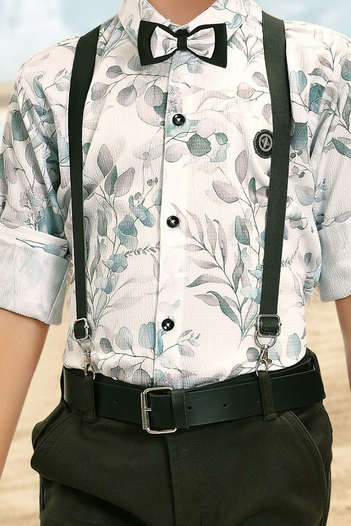 White Printed with Dark Green Suspender Style Pant Shirt Set for Boys