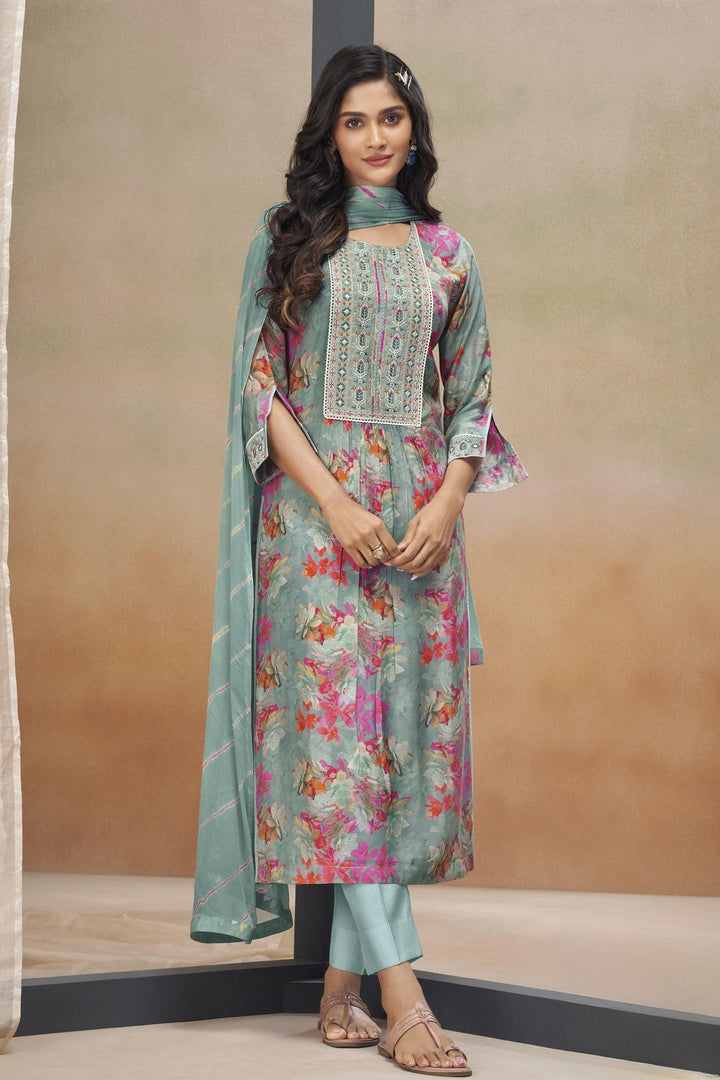 Light Blue Floral Print and Thread work Straight Cut Salwar Suit - Seasons Chennai