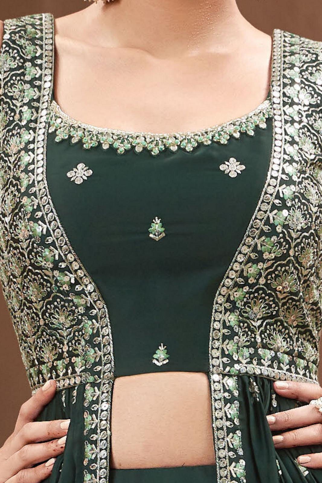 Bottle Green Zari, Thread and Sequins work Long Top Lehenga - Seasons Chennai