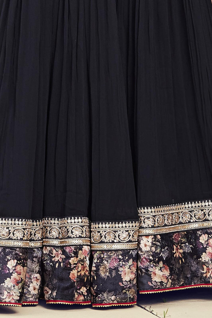 Black Sequins and Zari work with Floral Print Overcoat Styled Floor Length Anarkali Suit - Seasons Chennai