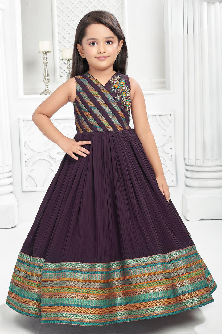Wine Banaras Print, Stone, Mirror and Beads work Long Party Frock for Girls - Seasons Chennai