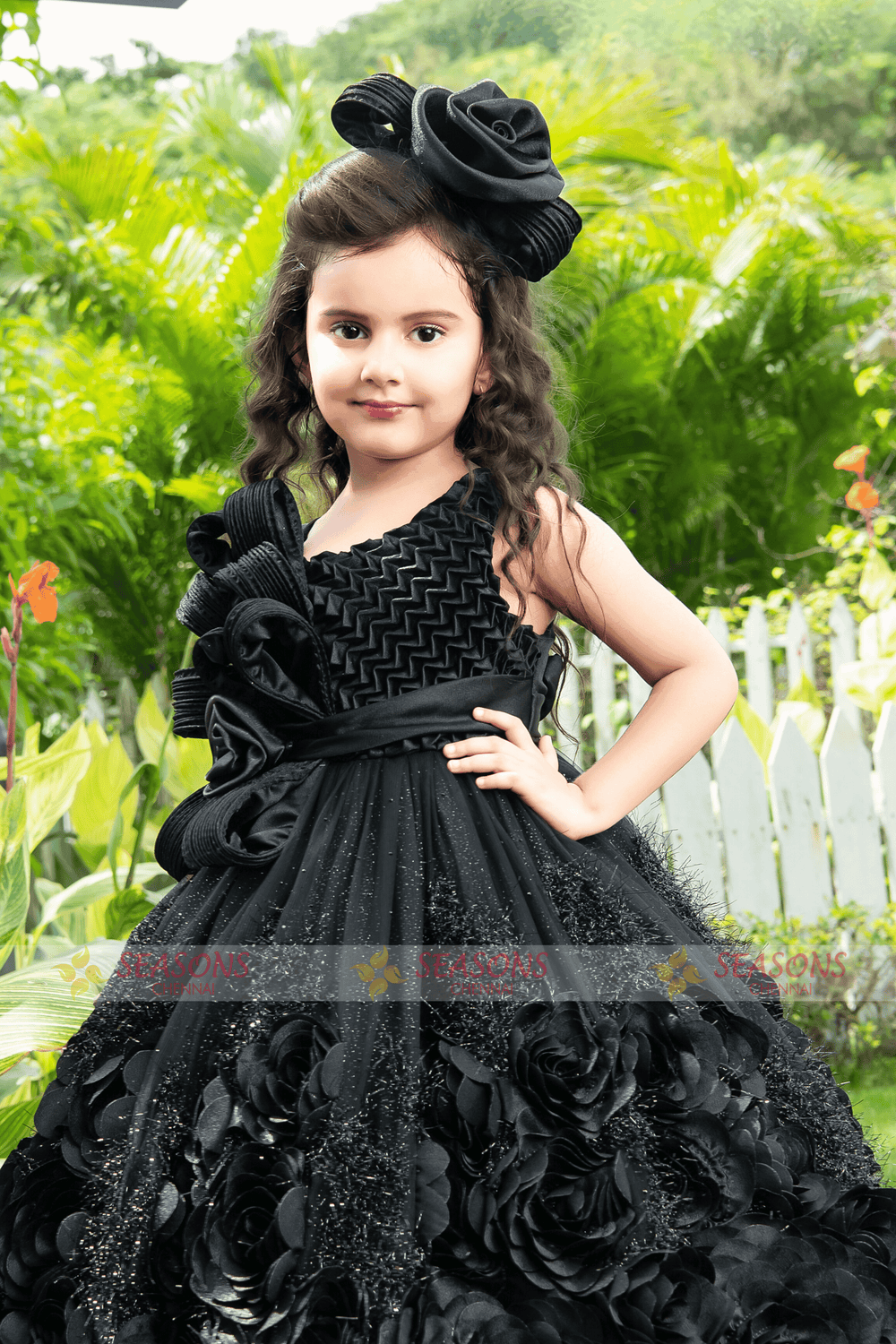 Black Satin with Netted and Glitter work Long Party Frock for Girls - Seasons Chennai