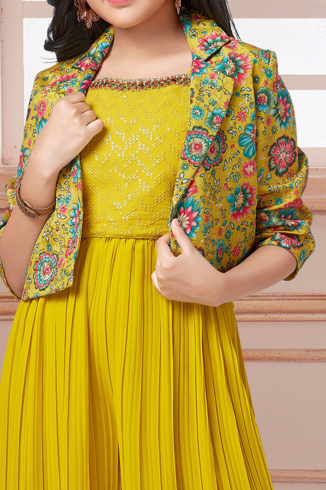 Lemon Green Mirror work with Floral Print Jacket Styled Palazzo Set For Girls