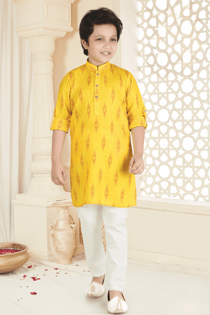 Yellow with White Printed Kurta Set for Boys - Seasons Chennai
