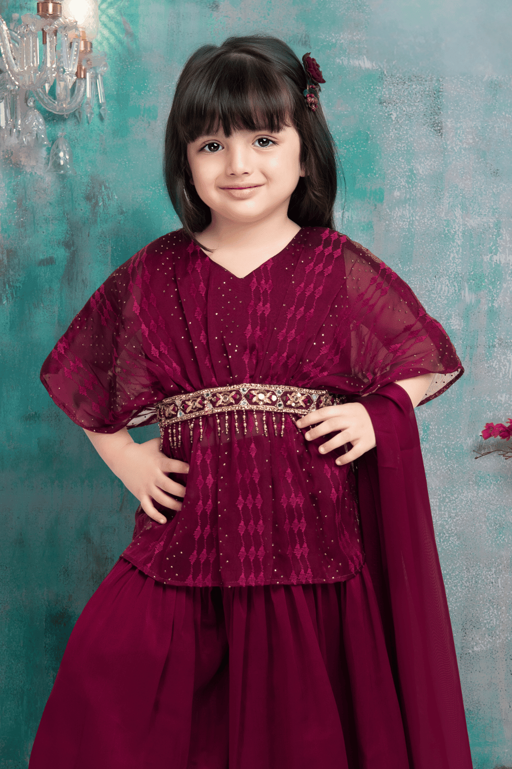 Maroon Thread, Stone, Zardozi, Sequins and Zari work Poncho Styled Sharara Suit Set for Girls - Seasons Chennai