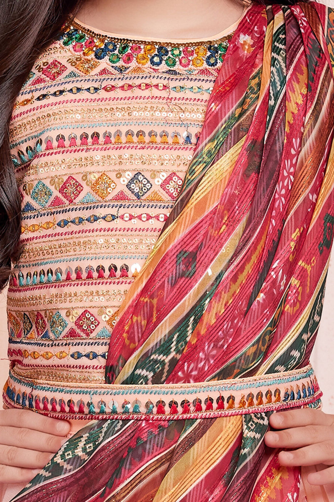 Peach Multicolor Thread, Sequins and Zari work Lehenga Choli for Girls