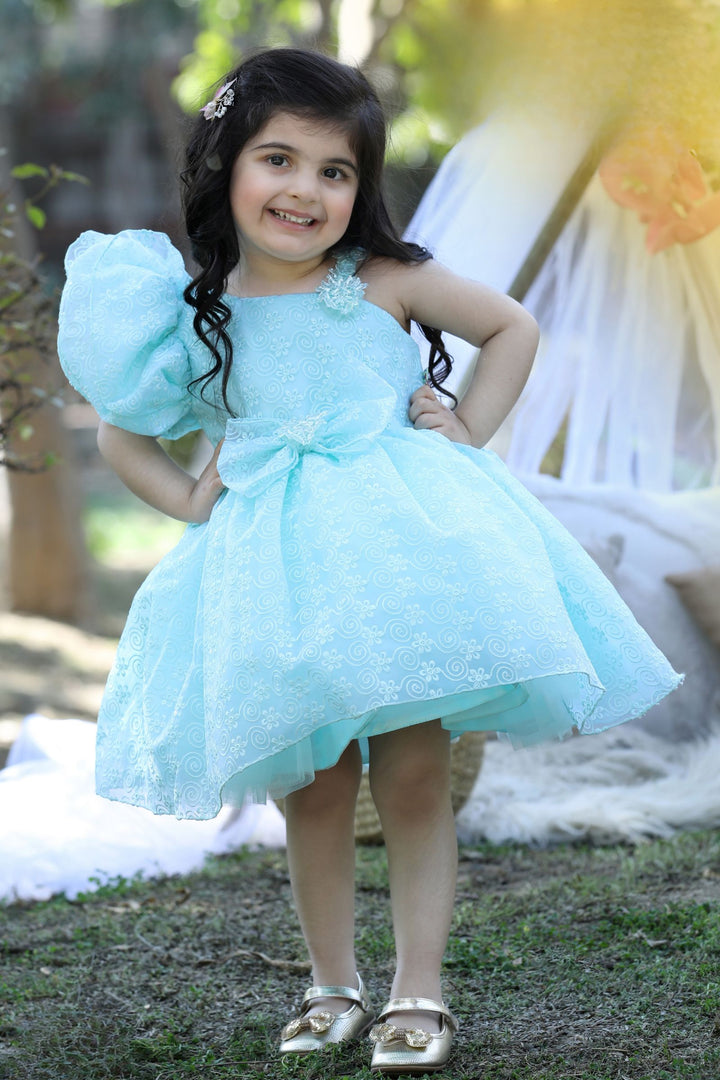 Sea Green Embroidery and Sequins work Short Frock for Girls