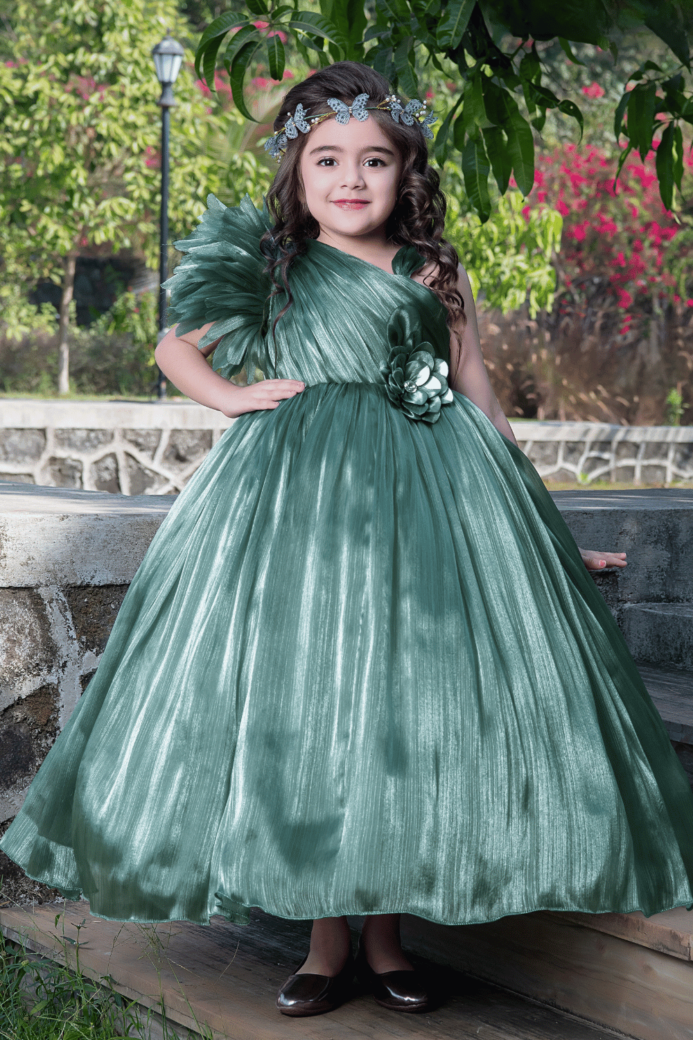 Olive Green Handmade Flowers work Long Party Ball Gown for Girls - Seasons Chennai