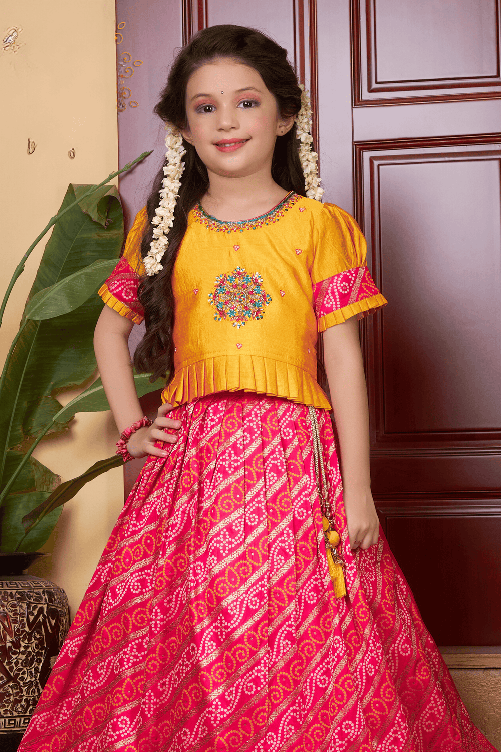 Yellow with Pink Banaras, Sequins, Zardozi and Beads work with Bandini Print Lehenga Choli for Girls - Seasons Chennai