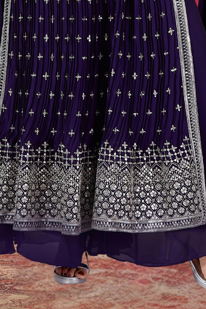 Purple Silver Zari and Sequins work Salwar Suit with Palazzo Pants - Seasons Chennai