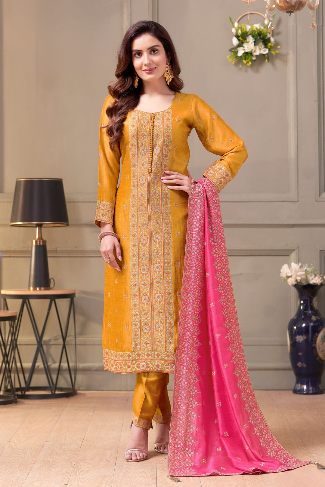 Yellow Sequins and Zari Thread work Straight Cut Salwar Suit