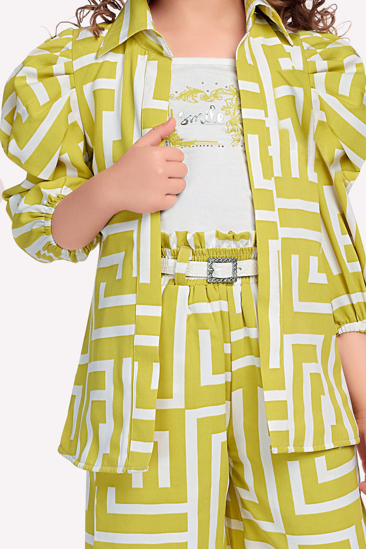 Parrot Green with White Print Overcoat Styled Palazzo Set for Girls