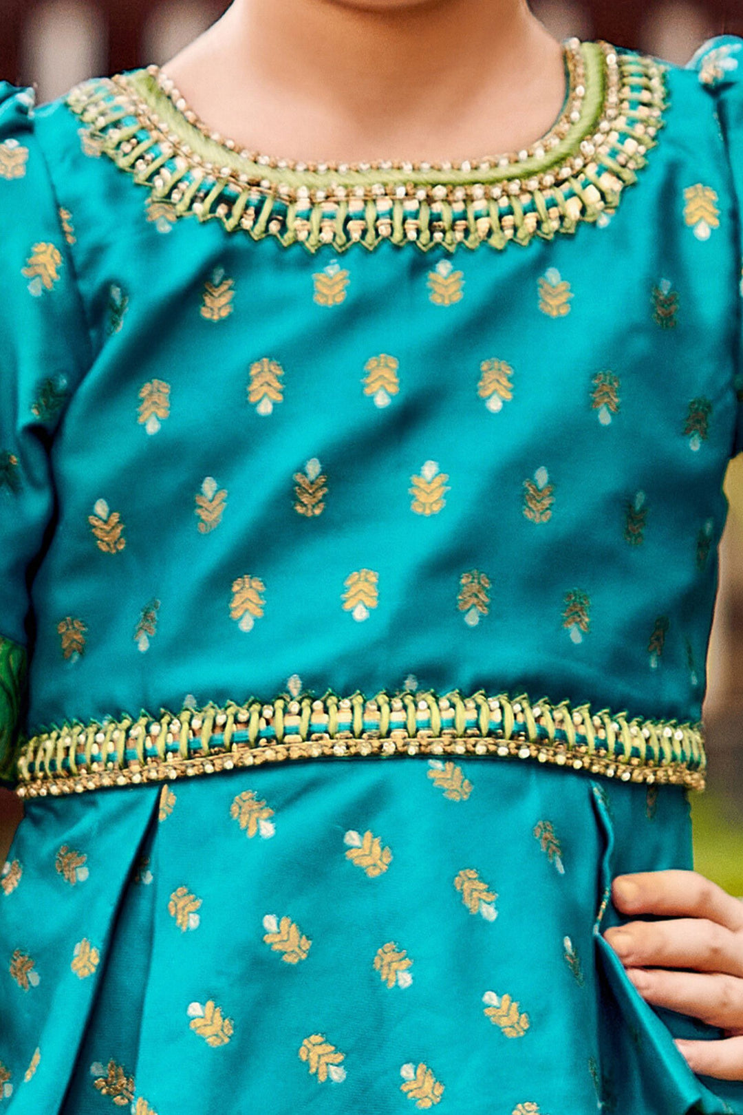 Rama Blue with Green Banaras, Zari, Stone and Thread work Lehenga Choli for Girls