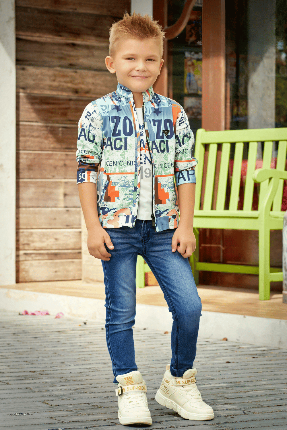 Multicolor and White with Denim Blue Waist Coat and Set for Boys with Belt - Seasons Chennai